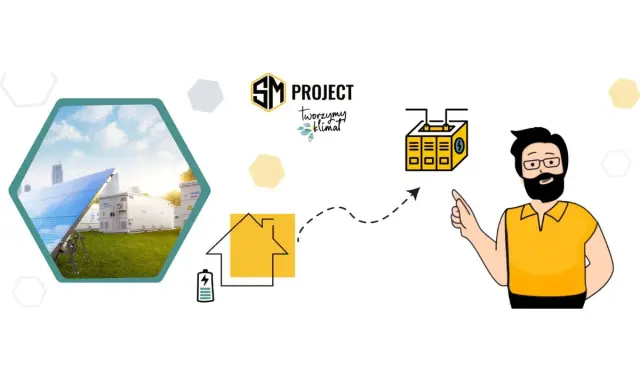 SM Project: panele słoneczne, magazyny energii, dom z baterią i człowiek wskazujący na system. HEMS co to? To zarządzanie energią.