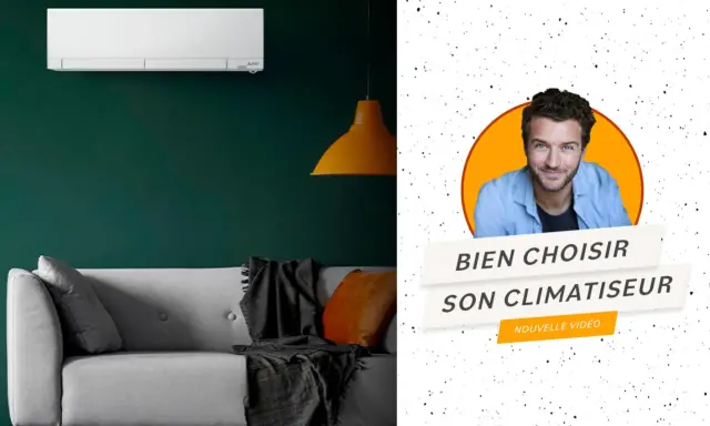 Un homme souriant, un climatiseur et un canapé. Le **seer scop** de cette image est de présenter comment bien choisir son climatiseur.