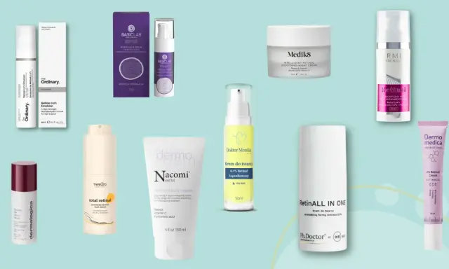 Szukasz odpowiedzi na pytanie: jaki retinol na poczatek? Na zdjęciu znajdziesz różne kosmetyki z retinolem i retinalem, idealne na start.