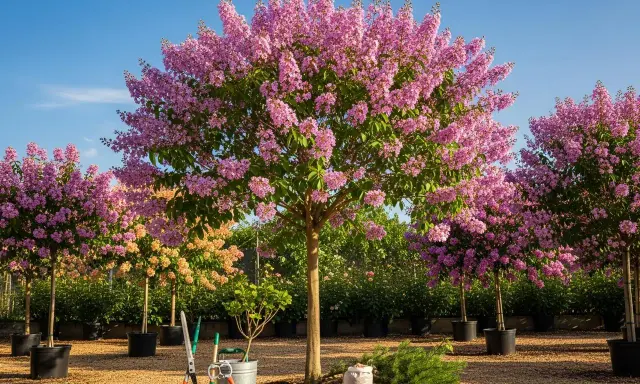 Arrosage de lilas des Indes en pleine floraison. Des outils de jardinage sont prêts pour l'entretien.