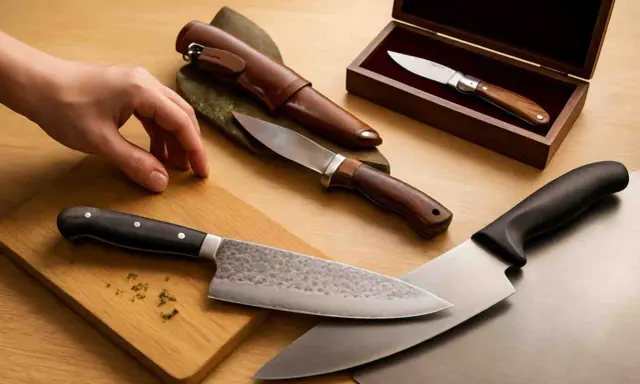 Variedad de cuchillos de cocina, incluyendo un cuchillo puntilla para que sirve en tareas delicadas.