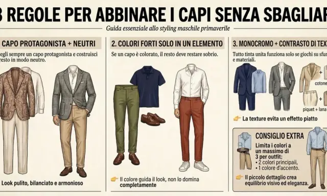 Illustrazione di vari tipi di outfit maschili primaverili, con consigli su abbinamenti di colori e texture per creare look equilibrati.