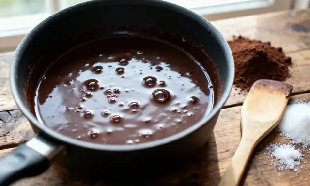 Une casserole de chocolat fondant, avec du cacao en poudre et du sucre à côté, prêt à faire fondre du chocolat pour un dessert gourmand.