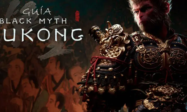 Guía Black Myth Wukong: el Rey Mono con armadura dorada y detalles rojos, listo para la aventura.