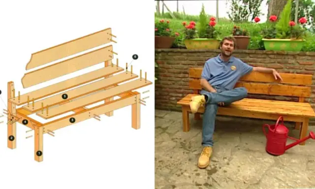 Diagrama de cómo hacer un banco de madera sencillo. Un hombre se sienta en un banco de madera terminado junto a una regadera roja.