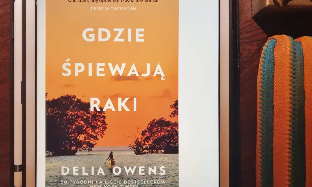 Dziewczyna z bagien na okładce książki "Gdzie śpiewają raki". Samotna postać w kajaku na tle zachodzącego słońca.