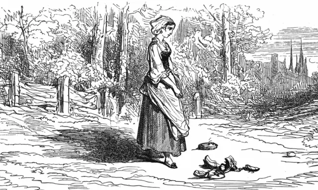 Une jeune femme en robe longue et coiffe, pieds nus, laisse tomber ses chaussures. Un gros jean comme devant, dans un paysage bucolique avec des tours à l'horizon.