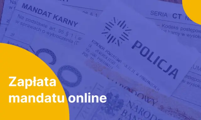 Zbliżenie na dokument mandatu karnego z napisem "POLICJA" i żółty okrąg z tekstem "Zapłata mandatu online".
