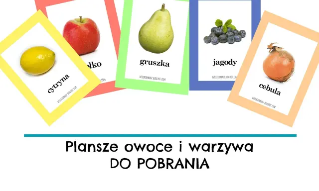 Kolorowe plansze z owocami i warzywami do druku: cytryna, jabłko, gruszka, jagody, cebula. Idealne do nauki dla dzieci.