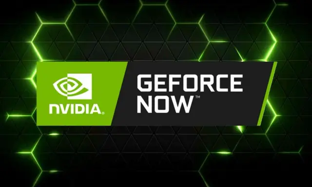 Logo NVIDIA i napis GeForce NOW na tle zielonych, świecących heksagonów.