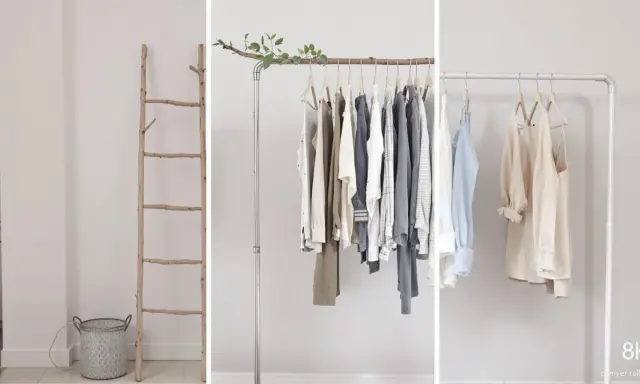Idées de portant vêtement DIY : échelle en bois, portant en métal avec branche et portant minimaliste en tube.