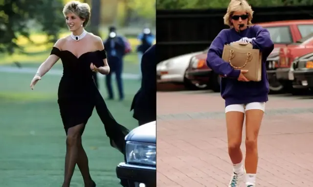 Princess Diana fashion: A split image shows her in a black off-the-shoulder dress and later in athletic wear.