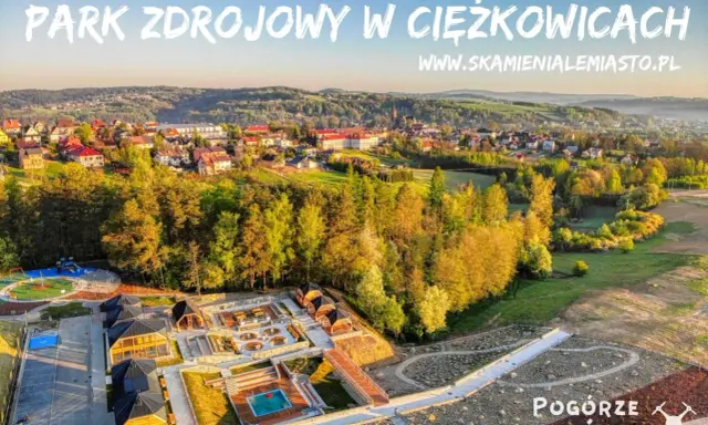 Widok z lotu ptaka na park zdrojowy w Ciężkowicach z placem zabaw, basenem i drewnianymi altanami.