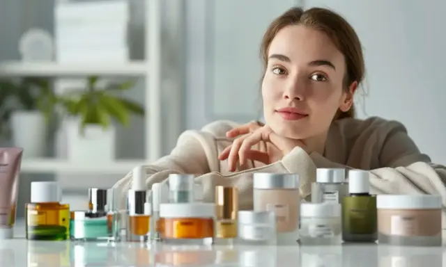 Kobieta z uśmiechem opiera się o stół z kosmetykami. Wśród nich kremy i serum, które dzięki zawartości ceramidów dbają o zdrową skórę.