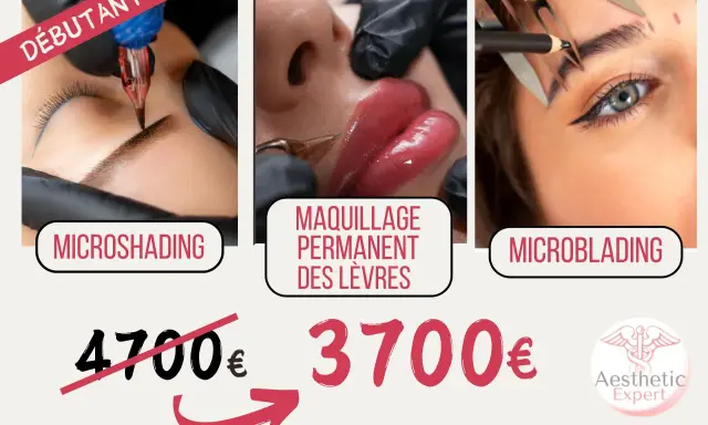Microshading, maquillage permanent des lèvres et microblading pour un tatouage sourcils femme parfait. Offre spéciale : 3700€ au lieu de 4700€.