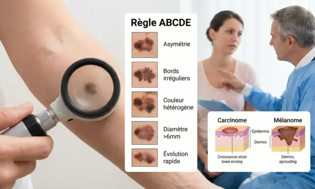 Examen d'un grain de beauté suspect pour détecter un cancer de la peau. La règle ABCDE aide à identifier les signes d'alerte.
