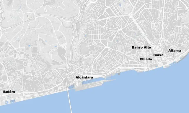 Graue Stadtkarte von Lissabon mit markierten Vierteln wie Alfama, Baixa, Chiado, Bairro Alto, Alcântara und Belém.
