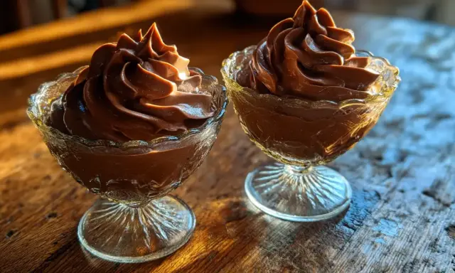 Deux coupes de mousse au chocolat à l'ancienne, onctueuse et aérienne, baignées de lumière. Une invitation à redécouvrir cette recette.