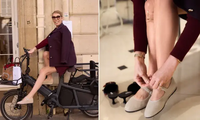 Mathilde Favier, stylish in a burgundy outfit, rides an electric bike. She's also seen tying her ballet flats, ready for a day out.