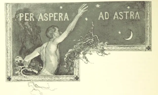 Un uomo nudo tende la mano verso le stelle, con la scritta "Per aspera ad astra" che significa "attraverso le difficoltà fino alle stelle".