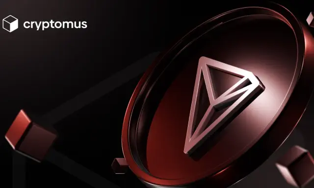 Logo cryptomus na tle z elementami TRC20.