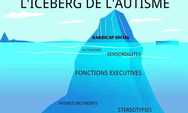 L'iceberg de l'autisme : handicap social, autonomie, sensorialités, fonctions exécutives, intérêts restreints et stéréotypies. Le syndrôme d'Asperger léger est souvent représenté ainsi.
