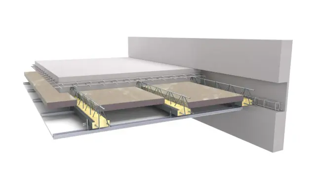 Coupe d'un hourdis maison montrant la structure métallique, l'isolant et le béton.