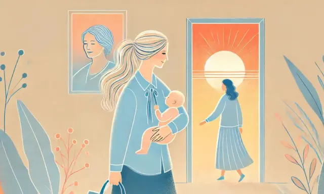 Mamma con bimbo in braccio, guarda un tramonto. Sospira, pensando: "Non voglio tornare a lavoro dopo maternità".