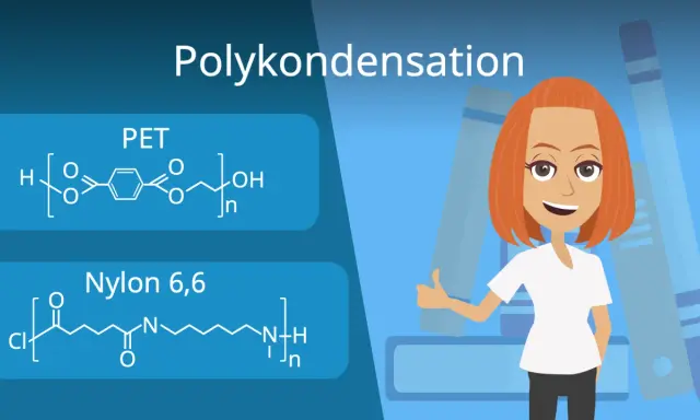 Chemische Formeln für PET und Nylon 6,6, die Beispiele für Polymerisation sind, mit einer lächelnden Frau im Hintergrund.