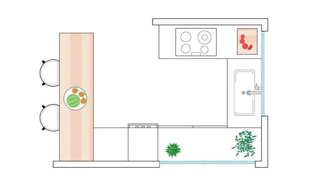 Plano de cocina con barra, dos sillas, estufa, fregadero y plantas. Incluye un detalle de sandía y naranjas.