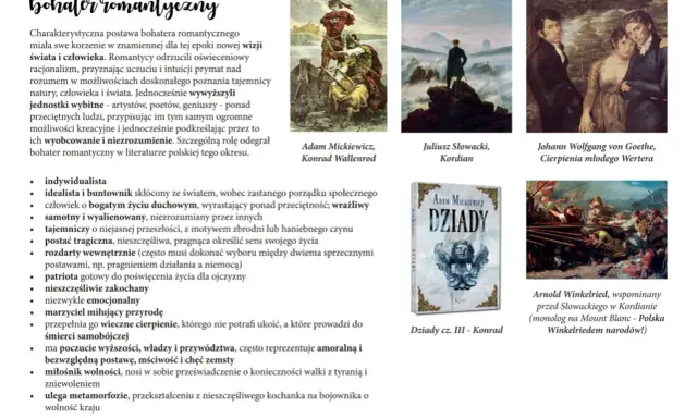 Ilustracje przedstawiające bohaterów romantycznych: Konrada Wallenroda, Kordiana, Wertera, okładkę "Dziadów" i scenę batalistyczną.