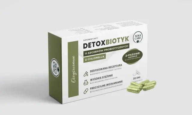 Opakowanie suplementu diety Detoxbiotyk z chlorellą i kapsułkami.