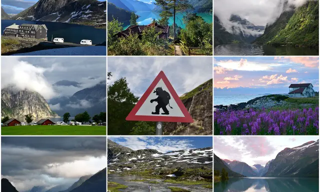 Niesamowite norwegia widoki: góry, fiordy, jeziora, domki, pola fioletowych kwiatów i znak trolla.