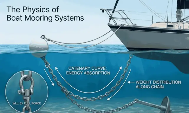 Schéma expliquant la physique des systèmes d'amarrage de bateau, montrant l'ancre d'un bateau, la chaîne et la courbe caténaire pour l'absorption d'énergie.