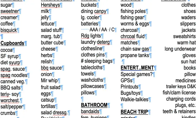 En detaljerad packlista camping med kategorier som mat, kylvaror, inomhus, utomhus och personliga tillhörigheter.