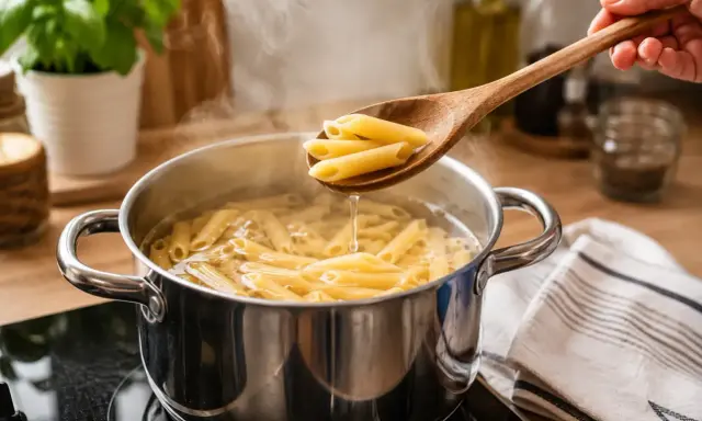 Drewniana łyżka z penne nad garnkiem wrzącej wody. Prosty sposób, jak ugotować makaron do perfekcji.