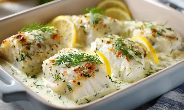 Ugnsbakad torskrygg i krämig sås med citron och dill. Ett perfekt torskrygg recept för en festlig middag.