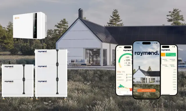 Solis växelriktare och Raymond energilagringssystem vid ett modernt hus. Telefoner visar appen för att övervaka solenergi.