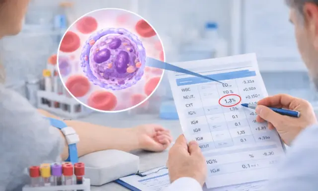 Analiza morfologii krwi: lekarz wskazuje na wynik 1,3% IG% na wydruku badań. W tle widoczna jest komórka zapalna i krwinki czerwone.