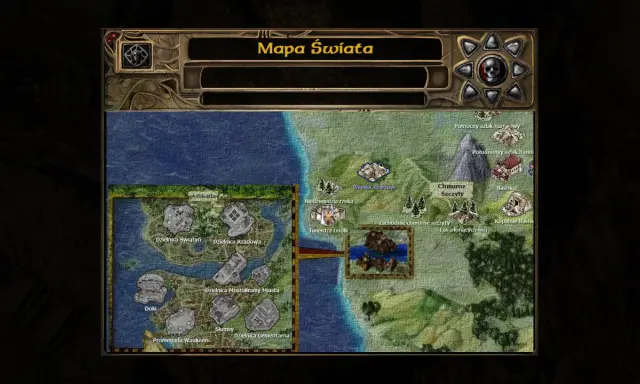 Mapa świata z gry Baldur's Gate: Siege of Dragonspear. Widoczne lokacje: Athkatla, Nashkel, Twierdza Gnolli.