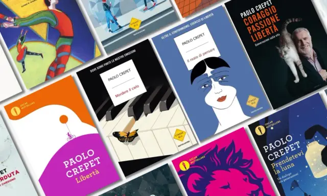 Copertine di libri di Paolo Crepet: "Libertà", "Il reato di pensare", "Coraggio Passione Libertà" con un gatto, e altri titoli.