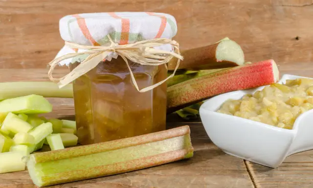 Un bocal de confiture de rhubarbe pas trop sucrée, entouré de tiges de rhubarbe fraîchement coupées et d'un bol de compote.