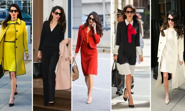 Amal Clooney's fashion style showcases bold colors and sharp tailoring. She's seen in a vibrant yellow coat, a classic black suit, a striking red ensemble, a chic black and white dress, and an elegant cream trench coat.