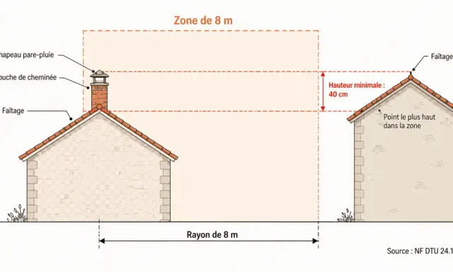 Schéma illustrant la hauteur maximum tubage poêle à granulés. Zone de 8m autour de la souche, avec une hauteur minimale de 40 cm au-dessus du faîtage.
