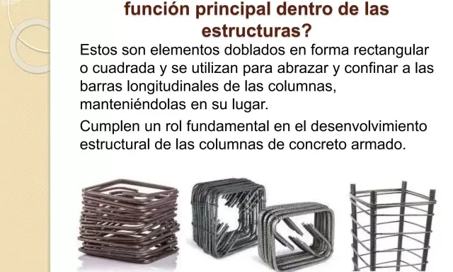 Estribos de construcción, elementos metálicos doblados que confinan barras longitudinales, esenciales para la resistencia de columnas de concreto armado.