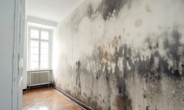 Ściana z pleśnią i grzybem, przypominająca obraz z ostrzeżeniem o lewatywa przeciwwskazania.