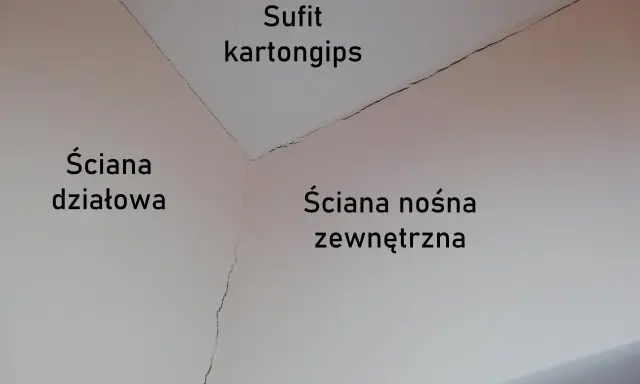 Pękające ściany starego domu, sufit kartongips, ściana działowa, ściana nośna zewnętrzna i wnęka okienna.