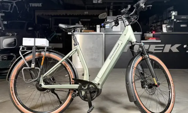 Stylowy, zielony rower elektryczny Diamant z bagażnikiem i ładowarką Bosch. Idealny na miejski trek 1120.