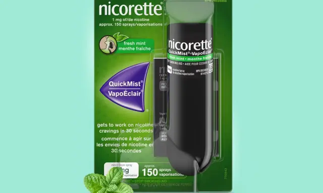 Nicorette QuickMist VapoÉclair: frische Minze, 1 mg Nikotin pro Sprühstoß, ca. 150 Sprühstöße. Hilft bei Rauchverlangen.