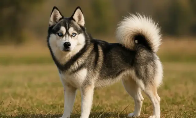 Un magnifique chien pomsky aux yeux bleus perçants se tient fièrement dans un champ herbeux, sa queue touffue enroulée sur son dos.